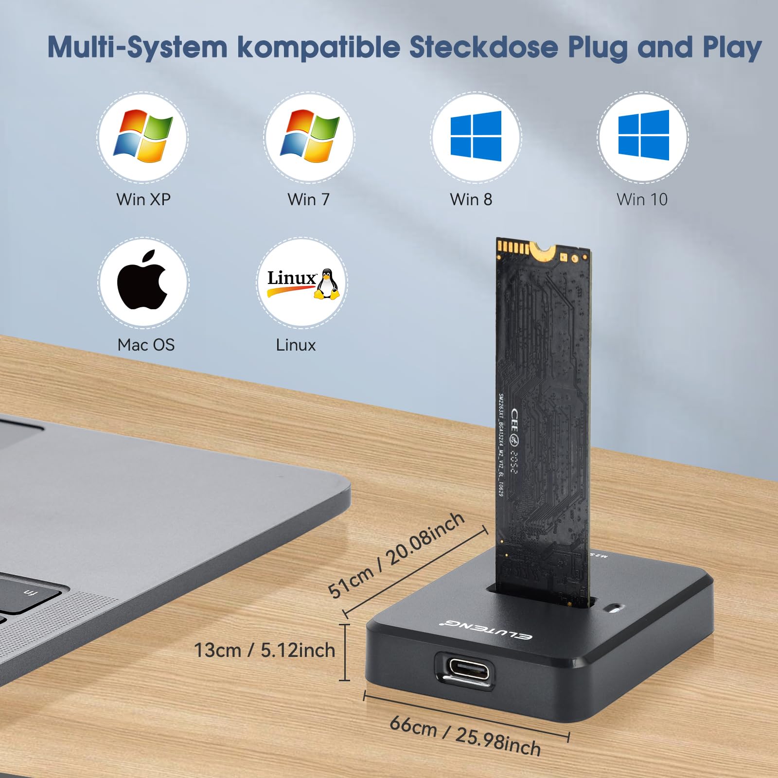 ELUTENG Festplatten Dockingstation, M.2 NVME & SATA Docking Station, 10Gbps M2 SSD auf USB Gehäuse für M-Key B+M Key, Duales Protokoll Adapter für 2230 2242 2260 2280 SSD mit Anti-Rutsch-Pads 9