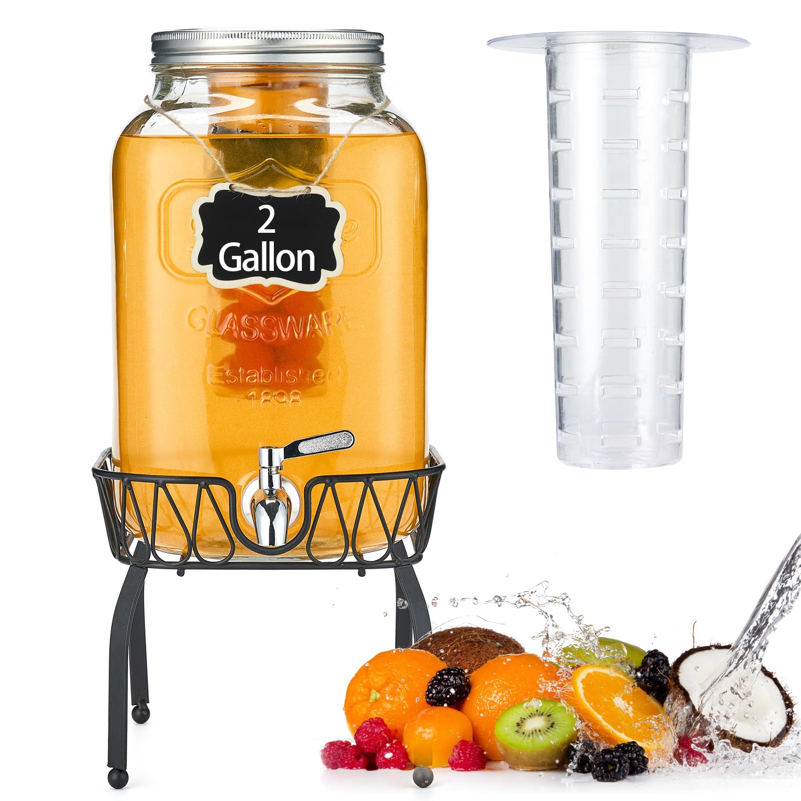Photo 1 of 2 Gallon Glass Beverage Dispenser with Stand & Fruit Infuser, Stainless Steel Spigot - Glass Drink Dispensers for Parties, Drink Dispensers with Lids for Lemonade Sun Tea