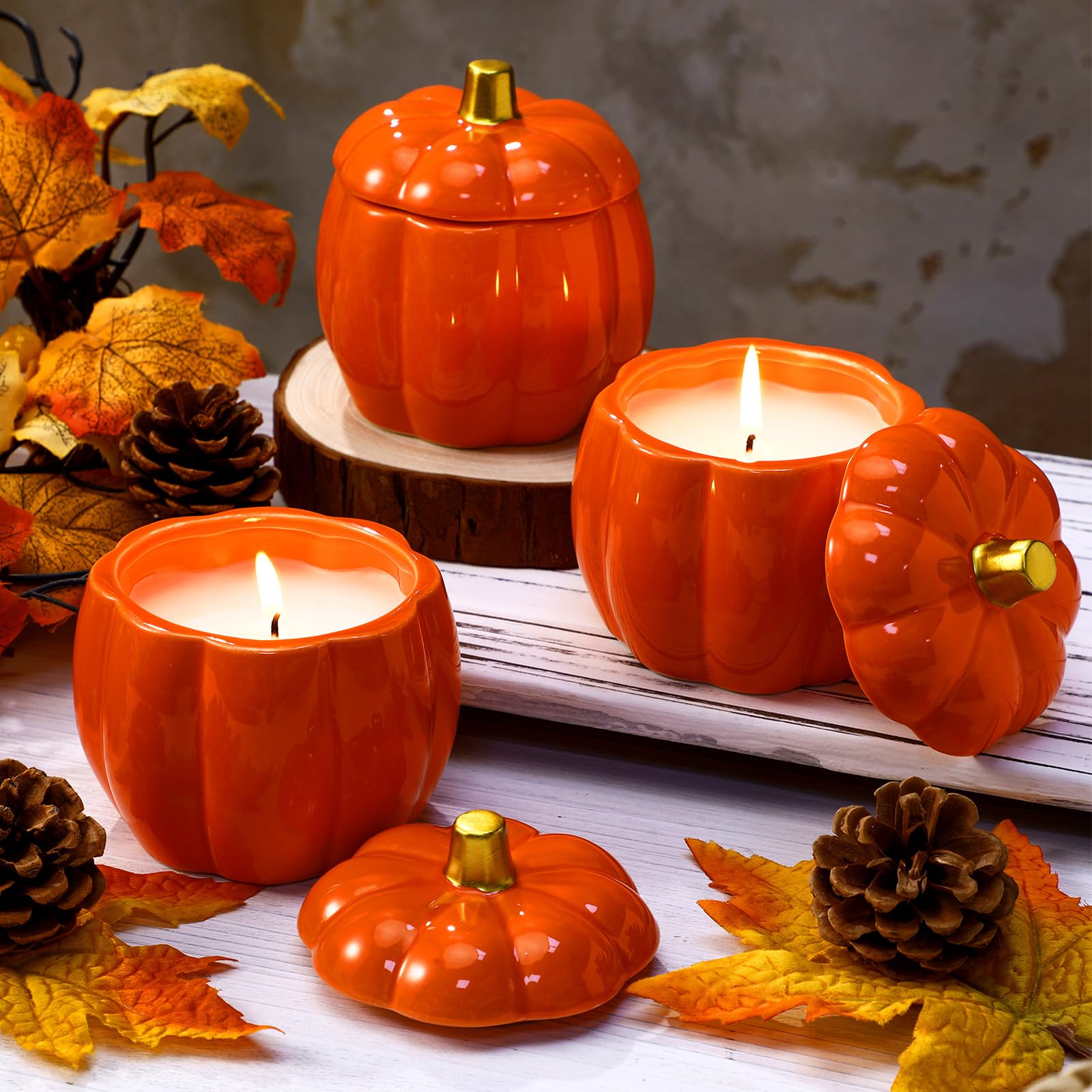 Photo 1 of ***(SELLING AS IS -UNSCENTED)*** MTLEE 3 Pcs Pumpkin Shaped Spice Candle with Ceramic Pumpkin Jar UnScented Fall Candles Gift Thanksgiving Autumn Table Centerpiece Tealight Decoration Halloween Farmhouse Home Fragrance Illuminate Decor