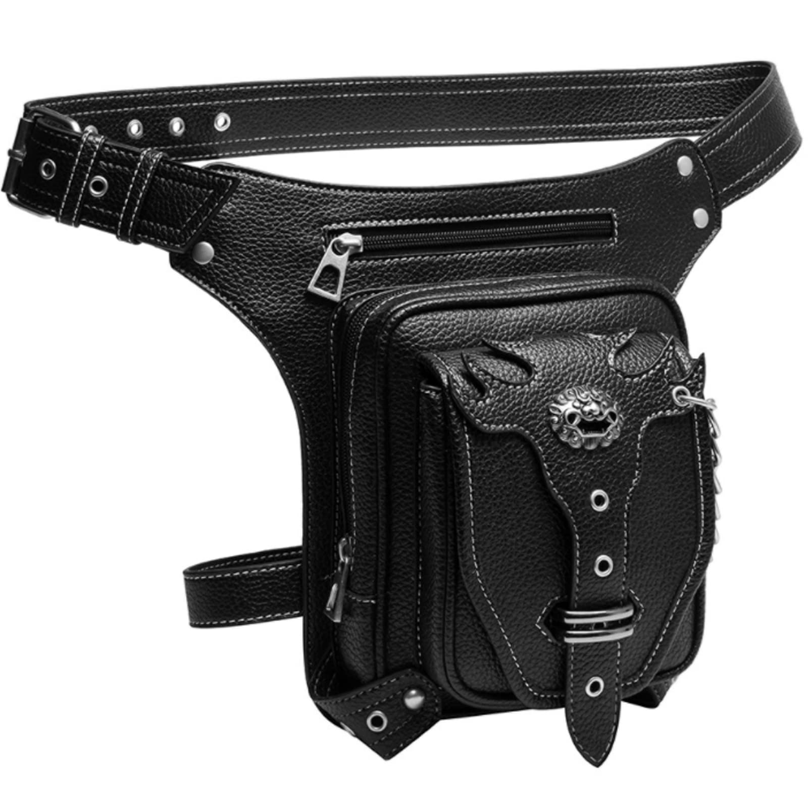 FiveloveTwo® Men Women Leather Multi-Functional Tactical Drop Leg Waist Bag Pack Hiking Camping Trekking Cycling Hip Belt Fanny Messenger Bag Black (Dragon)