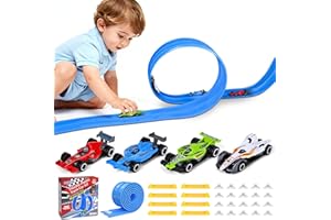 YHXKJ Plastic Flexible Race Car Track for Kids Toy with 20 Suction Cups & 8 Yellow Gasket Compatible with 4 Alloy Diecast 1:64 Cars Toys,13FT Rolls Up Portable Flex Track Racetrack Toy for 3 Up Years Old