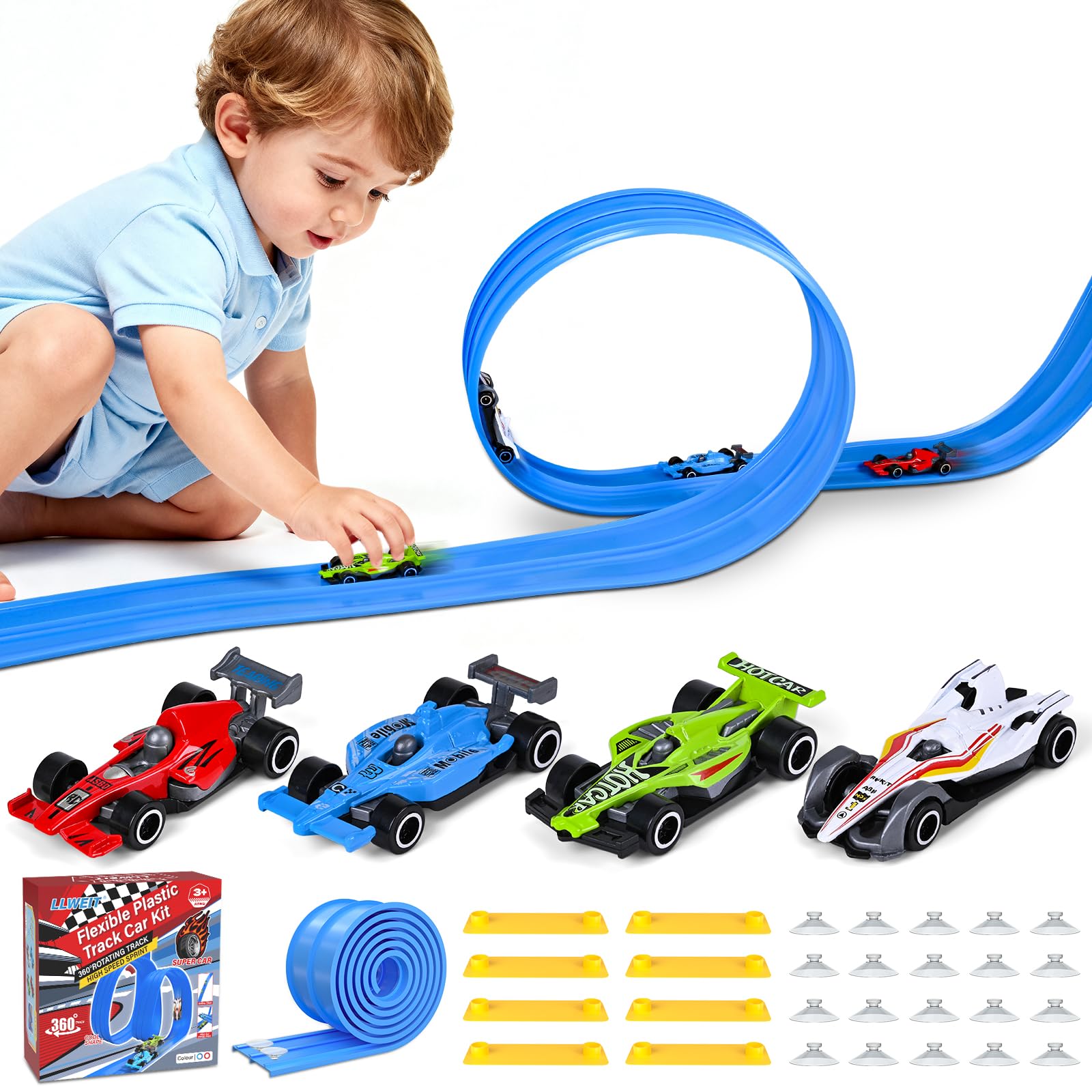 Photo 1 of Plastic Flexible Race Car Track for Kids Toy with 20 Suction Cups & 8 Yellow Gasket Compatible with 4 Alloy Diecast 1:64 Cars Toys,13FT Rolls Up Portable Flex Track Racetrack Toy for 3 Up Years Old