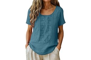 Women Cotton Linen Tops Vintage Floral Embroidery Loose Fit Short Sleeve T-Shirts Crew Neck Comfy Boho Vacation Shirt