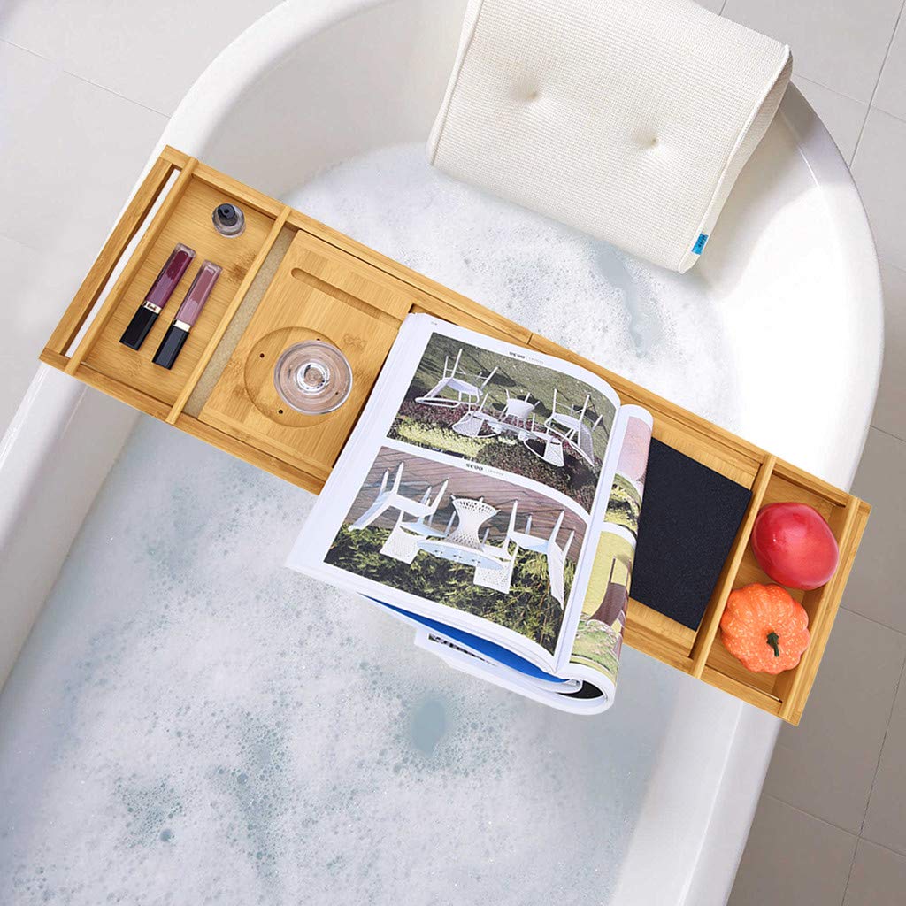 Bamboo Bathtub Caddy Tray with Wine and Book Holder Bamboo One or Two Person Bath Tray Luxury Spa Organizer with Folding Sides Adjustment Breakfast Serving Tray