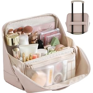 tianzong Travel Makeup Bag with Magnetic Fold-Down Flap, Waterproof Leather Cosmetic and Toiletry Organizer for Women, Multi-