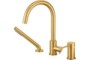RIGOBAL Deck Mount Bathtub Faucet with Sprayer Brushed Gold Tub Filler Faucets Bathroom Brass with Hand Shower Sprayer High F