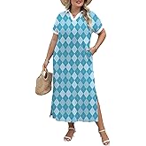 LOMON Women's Casual Vacation Dresses Striped Maxi Cruise Outfits Pocket Long Dress Summer Short Sleeve Split Dresses
