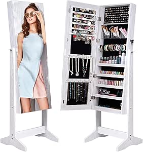 Camabel Jewelry Cabinet Organizer Full Length Glass Mirror Armoire Stand Store Chains Wire Earring Beaded Necklace Bracelet Ring Holder Box Standing Storage Frameless Lockable 3 Angel Adjustable White