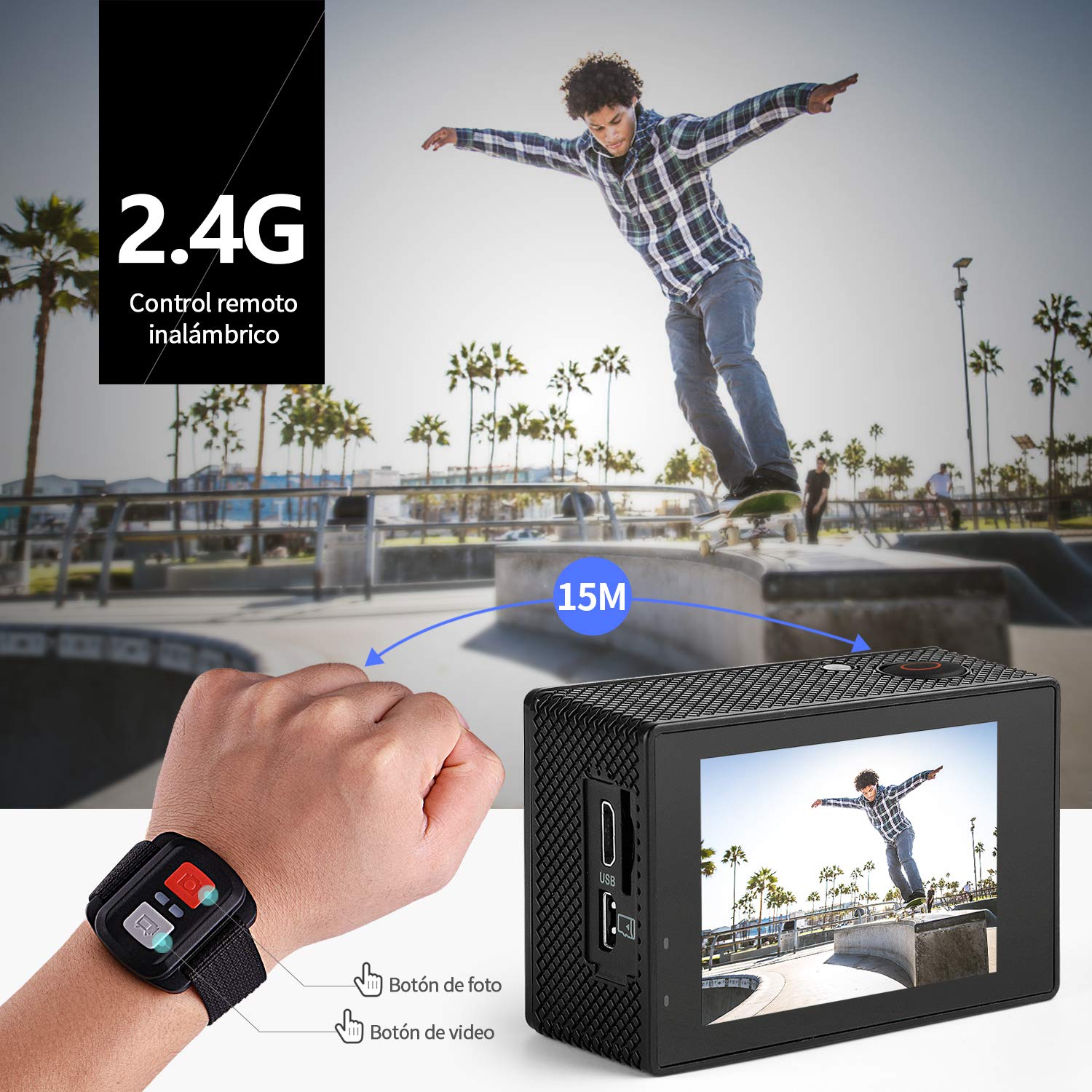 Ifecco Cámara Deportiva WiFi 4k Ultra HD 16MP Cámara de acción Impermeable 30M Gran Angulo de visión 170 ° con 2 baterías 1050mAh y Control Remoto (Negro)