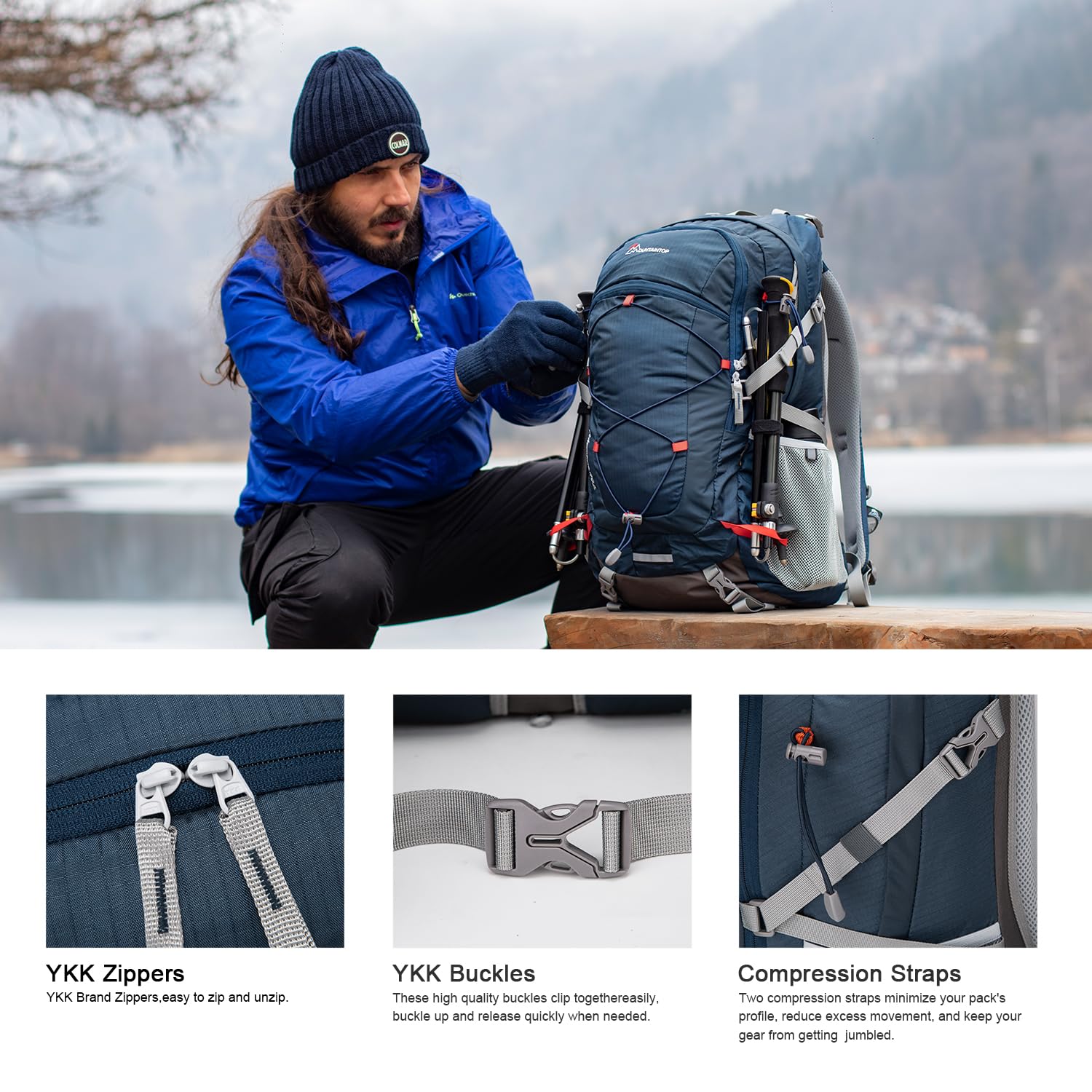 Mountaintop 40L Wanderrucksack Herren Damen Trekkingrucksack mit Regenhülle Multifunktionale Camping Klettern Reisen Outdoor Rucksäcke (Blau orange) 6