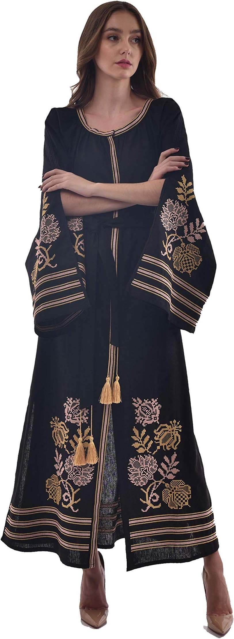 2kolyory Embroidered Long Woman Dress Knyajna White and Black. Vyshyvanka Ukrainian Boho Style Dress