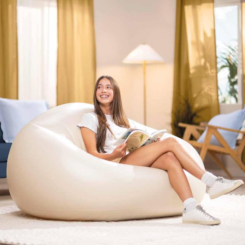 Poltrona insuflável sem feijão, bege, 137x127x74 cm, PVC resistente, máximo 100 kg, lugar único, bufo redondo, mobiliário insuflável, fácil de inflar, armazenamento simples (66505)