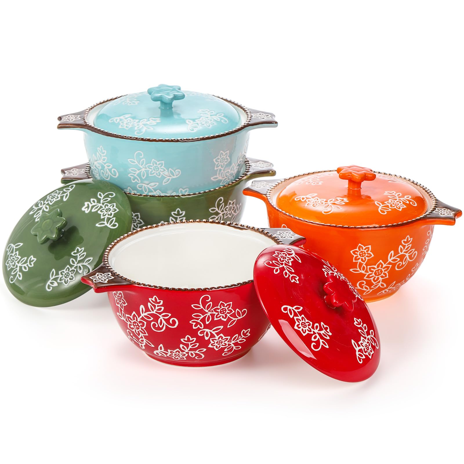 Photo 1 of **HALF DAMAGE** AVLA 4 Pack Ceramic Soup Bowls with Lid and Double Handles, 22 OZ French Onion Soup Crock, Small Casserole Dish for Oven, Mini Cocotte Set Baking Ramekins for Stews, Cereal, Oatmeal or Pasta