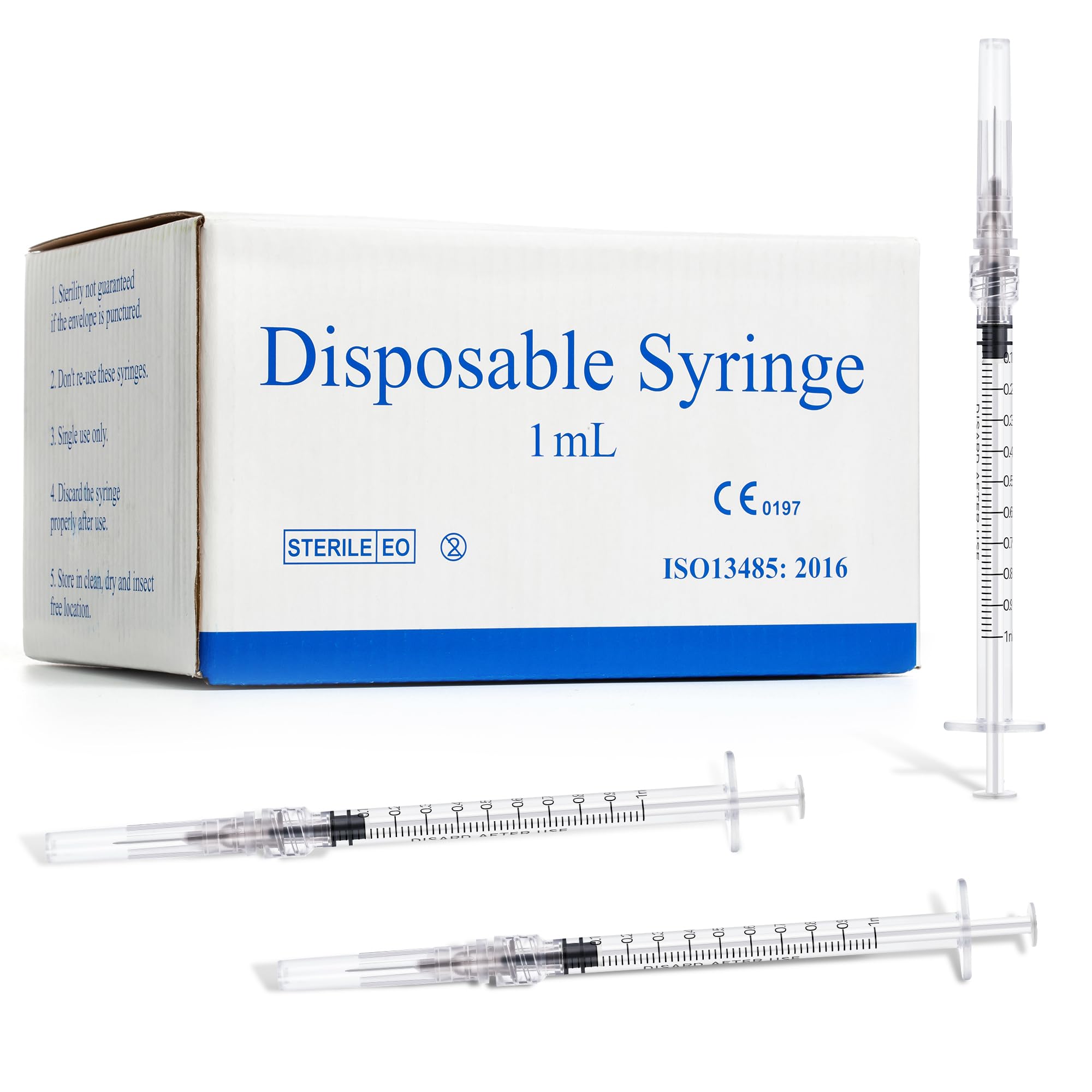 Photo 1 of 1 mL Syringes with Needle 27 Gauge 1/2 inch - 1cc Luer Lock Syringe, 100 Pack Individually Wrapped - Perfect for Essential Oils, Ink Refilling, Glue & Lab Research