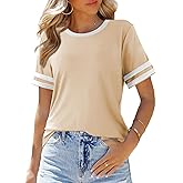 SHEWIN Women's Fashion Casual Crewneck Color Block T Shirts Short Sleeve Summer Tops Tees Slim Fit