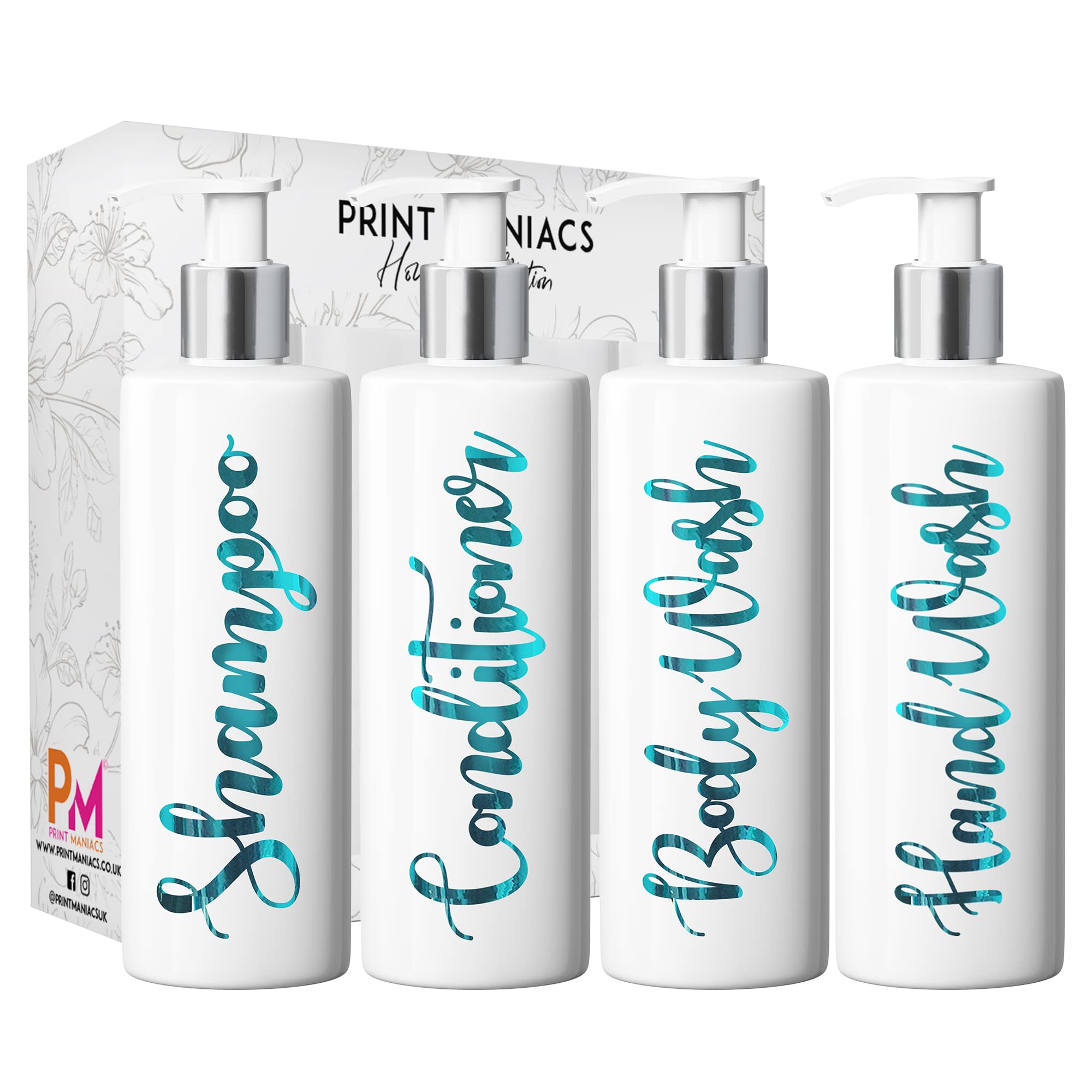 Print Maniacs White Mrs Hinch Inspired Personalised 500ml Pump Bottles Bathroom Lotion Kitchen Set Shampoo Conditioner ( Hand Wash Set ) (Teal)