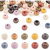 Cheriswelry 60Pcs 10mm Natural Round Wood Beads Colorful Wooden Ball Spacer Beads Print Wood Farmhouse Bead for Garland Bracelet Keychain Jewelry Making