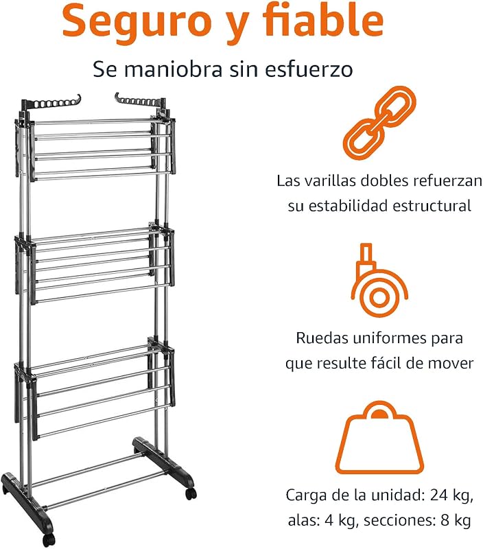 Tendedero tipo torre, para interior, con alas plegables, Plateado, 4-niveles, 126 x 64 x 173 cm (L x W x H) — foto 2 de 8