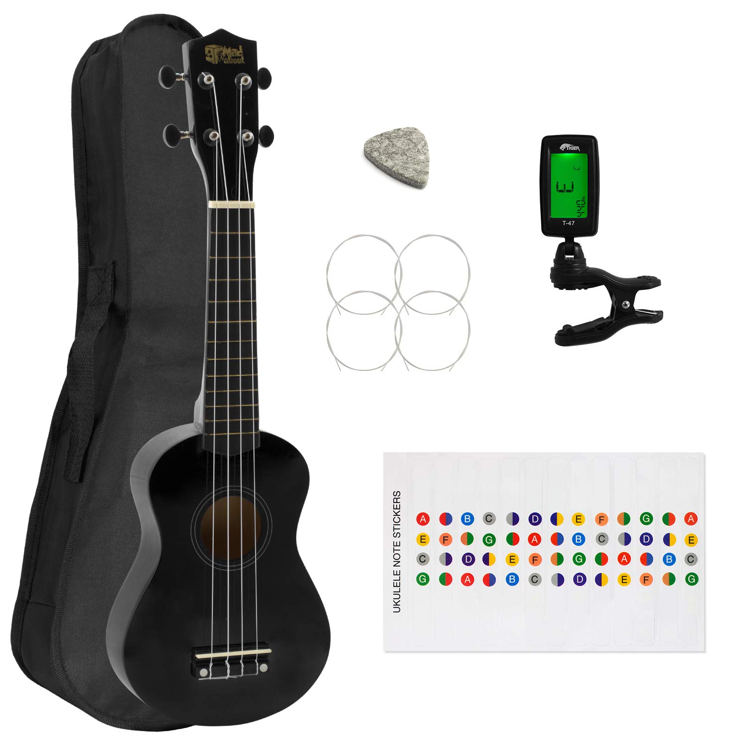 Soprano Ukulele for Beginners in Black with FREE Uke Bag & Tuner