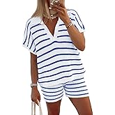 Tankaneo Womens 2 Piece Outfits Striped Knit Summer Sets V Neck Short Sleeve Tops and Shorts Lounge Matching Set