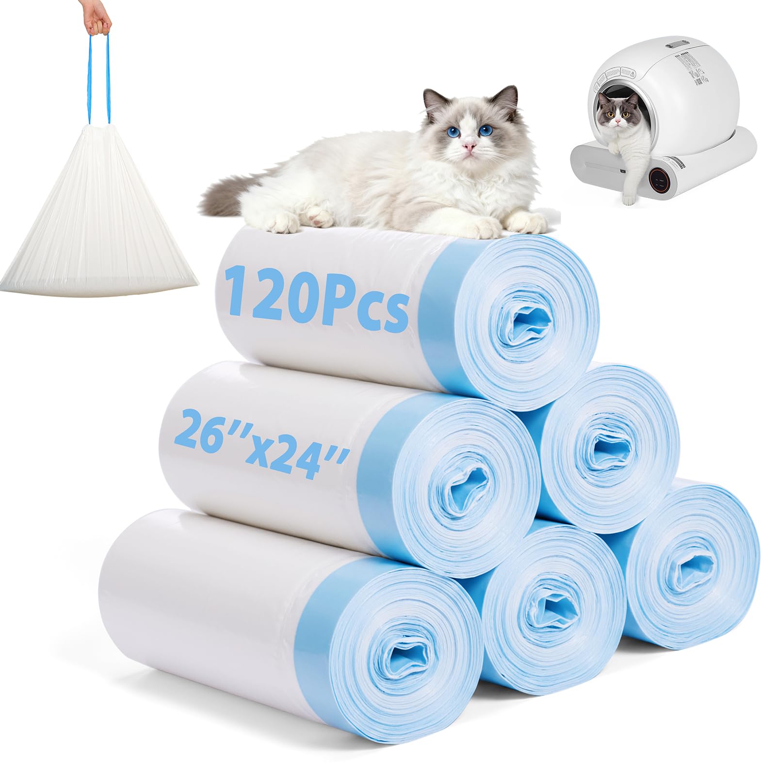 Photo 1 of 120 Pack Cat Litter Box Liners, 26.4" x 23.6" Automatic Litter Box Bags, 3MIL Extra Thick Leakproof Cat Litter Bags, Compatible with Litter Robot 3 & 4, 10-12 Gallon Heavy Duty Drawstring Waste Bags