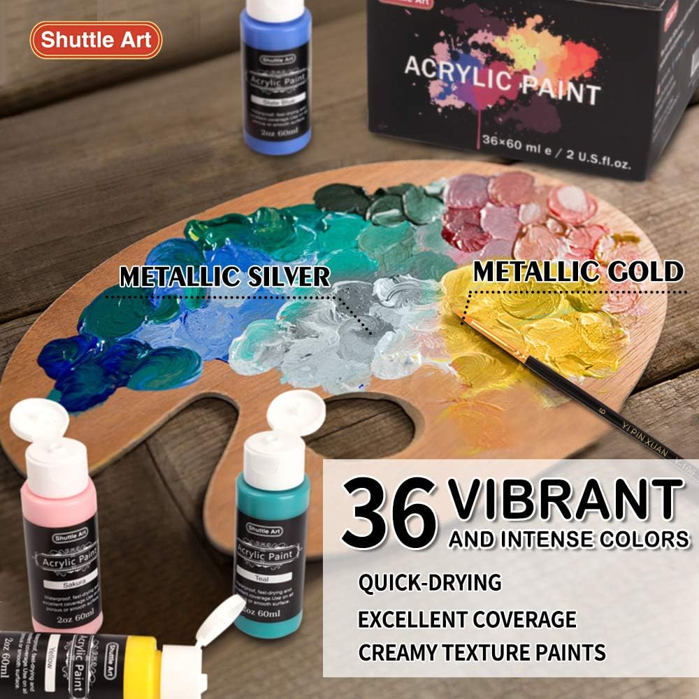 Shuttle Art Acrylic Paint Set, 36 Colours (60ml, 2oz) with 12 Brushes & 1 Palette, Craft painting - Image 3