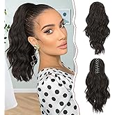 SOFEIYAN 14" Ponytail Extension, Short Wavy Claw Clip in Ponytail Hair Extension Synthetic Hairpieces Dark Brown Layered Natural Fluffy Curly Drawstring Ponytail Hair Piece for Women