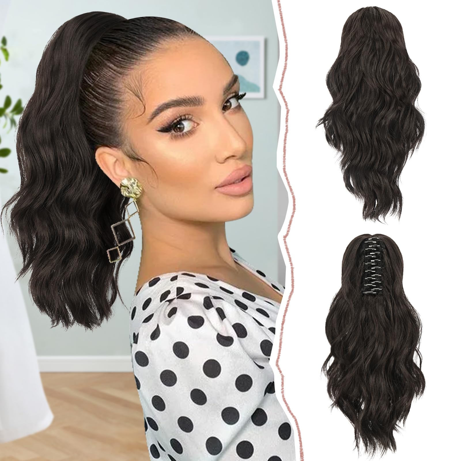 Photo 1 of SOFEIYAN 14" Ponytail Extension, Short Wavy Claw Clip in Ponytail Hair Extension Synthetic Hairpieces Dark Brown Layered Natural Fluffy Curly Drawstring Ponytail Hair Piece for Women