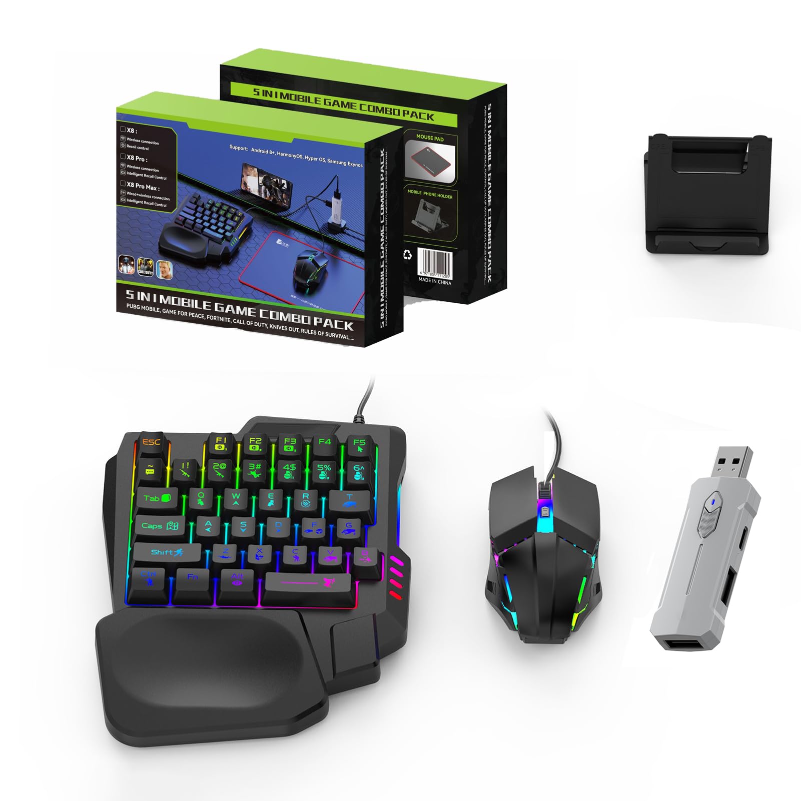 Zunate Half Hand Gaming Keyboard and Combo, Half Hand Gaming Keyboard Set, 4 in 1 Mobile Gaming Keyboard Set with Converter, Adjustable Phone Stand for PC