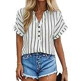Dokotoo Women’s Summer Short Batwing Sleeve Button Shirts Business Casual Striped Color Block V Neck Lightweight Tops Blouses