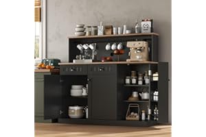 Gyfimoie Sideboard Buffet Cabinet with 2 Drawers, Farmhouse Kitchen Pantry with Adjustable Shelves, Coffee Bar Cupboard Cabinet with 3 Doors for Kitchen, Dining Room (Black)