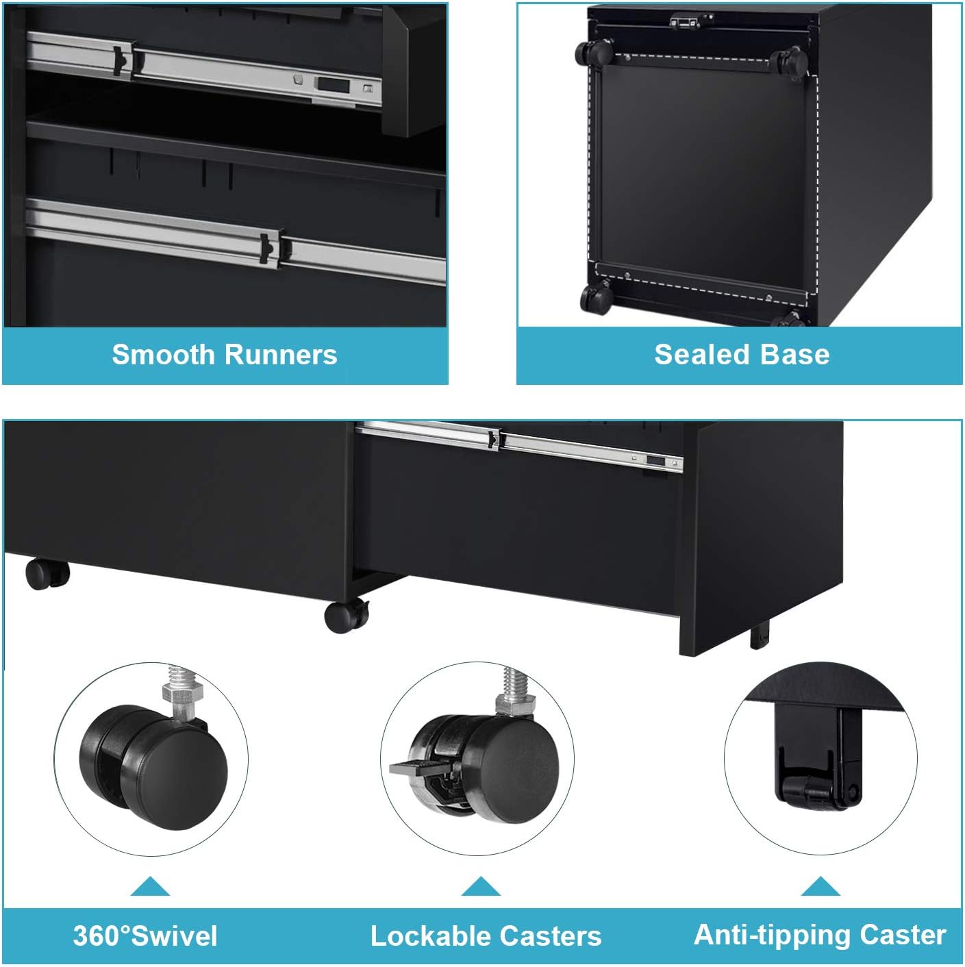 DEVAISE 3 Drawer Mobile File Cabinet Under Desk, Fully Assembled Except Casters, Letter/Legal Size, Black: Furniture & Decor