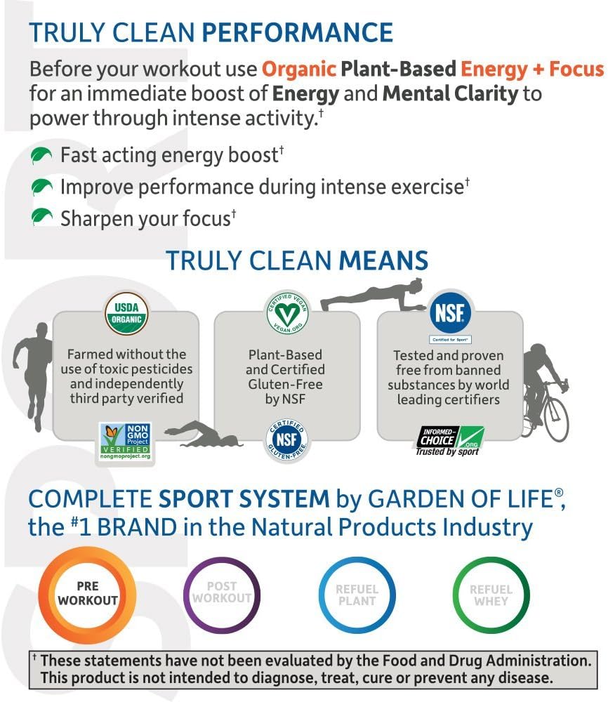 Garden of Life SPORT Organic Plant-Based Energy + Focus Pre Workout Powder, Blackberry Flavor - Clean Preworkout with 85mg Caffeine, Natural NO Booster, B12, Vegan, Gluten Free, Non-GMO, 30 Servings: Health & Personal Care