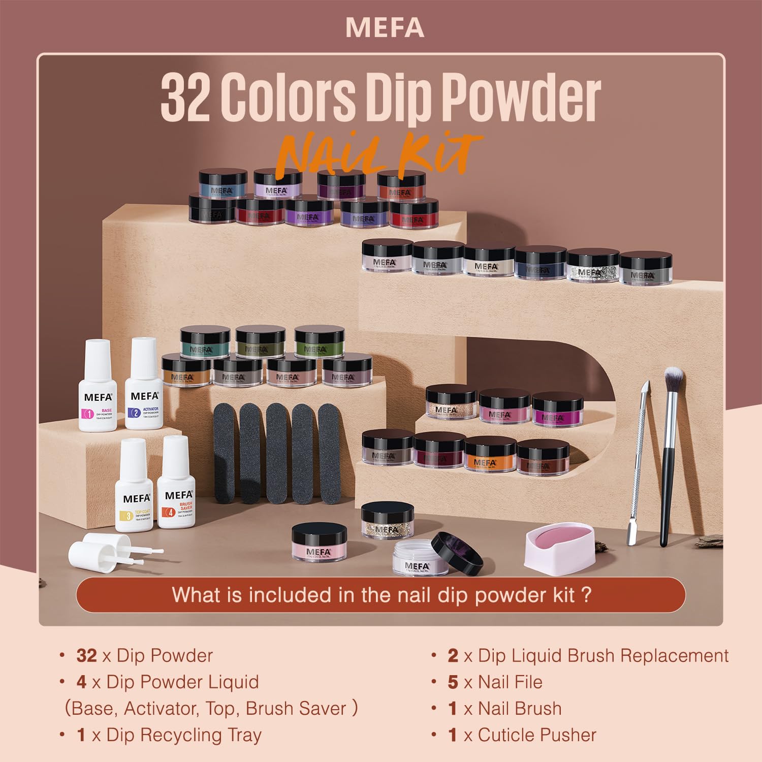 MEFA Dip Powder Nail Kit Orange Brown Grey Green White 32 Fall Winter Dark Colors Dipping Powder with Base Top Coat Activator Brush Saver Liquid Set Recycling Tray, French Nail Art Manicure Salon - Image 5