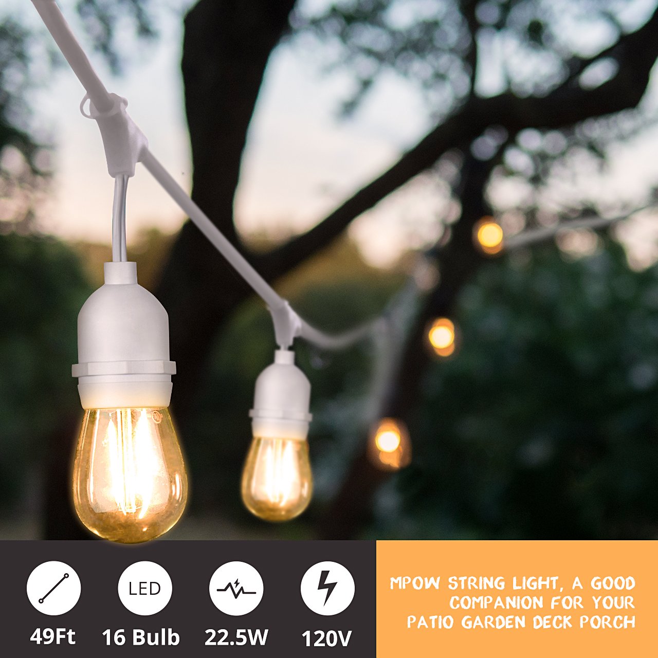 Mpow 49ft LED Outdoor String Lights, Waterproof Commercial Grade 1.5W