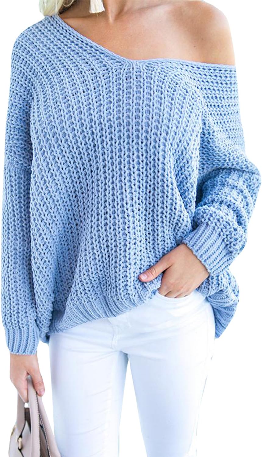 Womens Cable Knit Off The Shoulder Tunic Tops Scoop V Neck Oversized Sweater