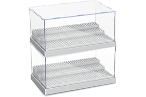 KKU Display Case for Minifigure Action Figures Blocks, Acrylic Minifigure Display Case Box Storage with 3 Movable Steps Gift for Kids Adults Grey- 2 Pack