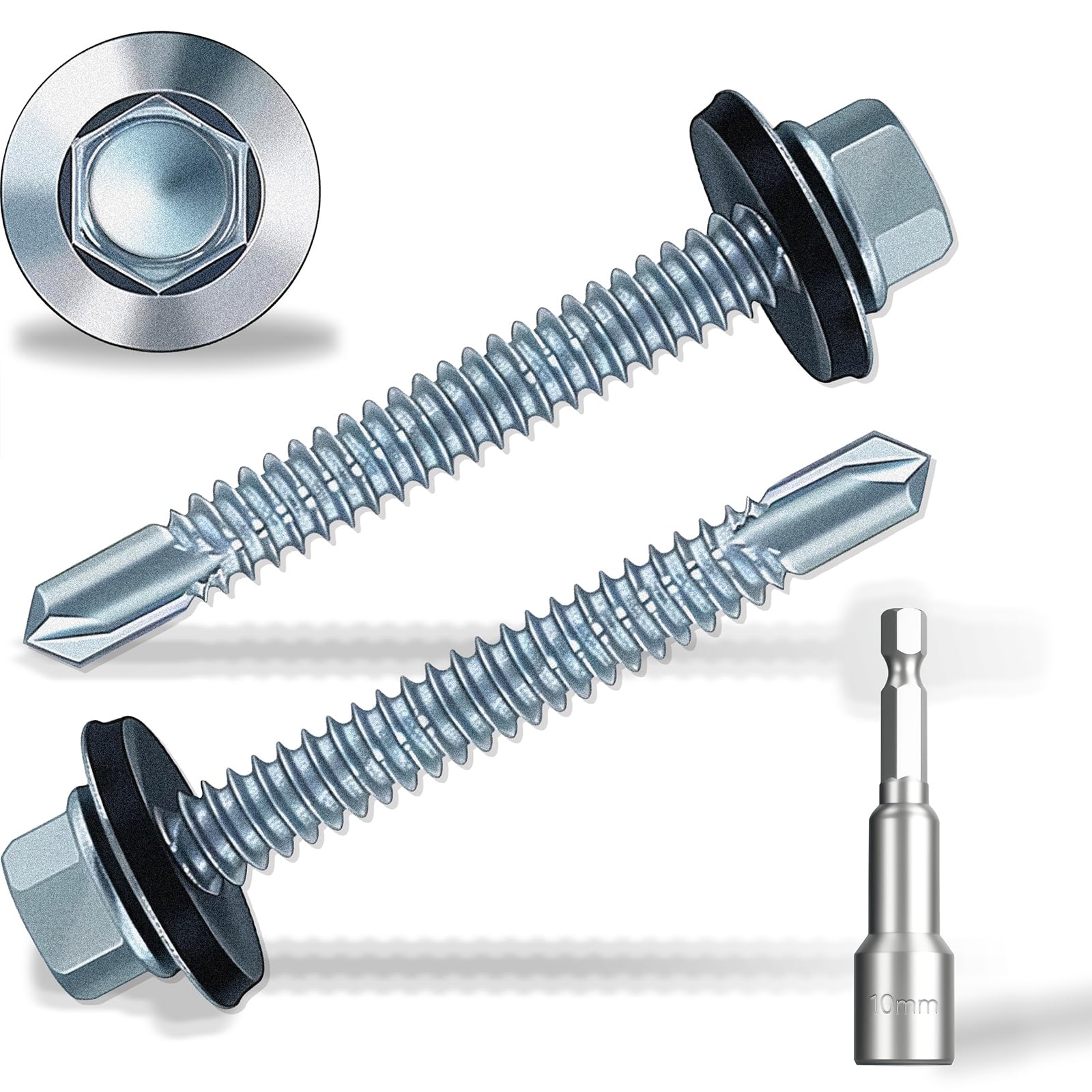 6.3x100mm Self-Drilling Roofing Screws, 45 pcs Hex Head Self Tapping Screws, Hex Head Self-Drilling Roof Screws with Rubber Sealing Washer. with Hex Socket, Zinc Plat.