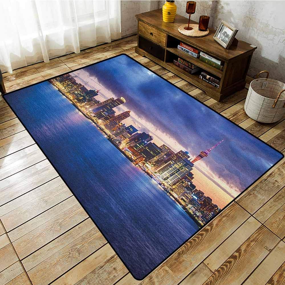Kids Rug,City,Auckland The Biggest City in New Zealand Waterfront Travel Destination,Anti-Slip Doormat Footpad Machine Washable,4'7"x5'3" Navy Blue Pale Yellow