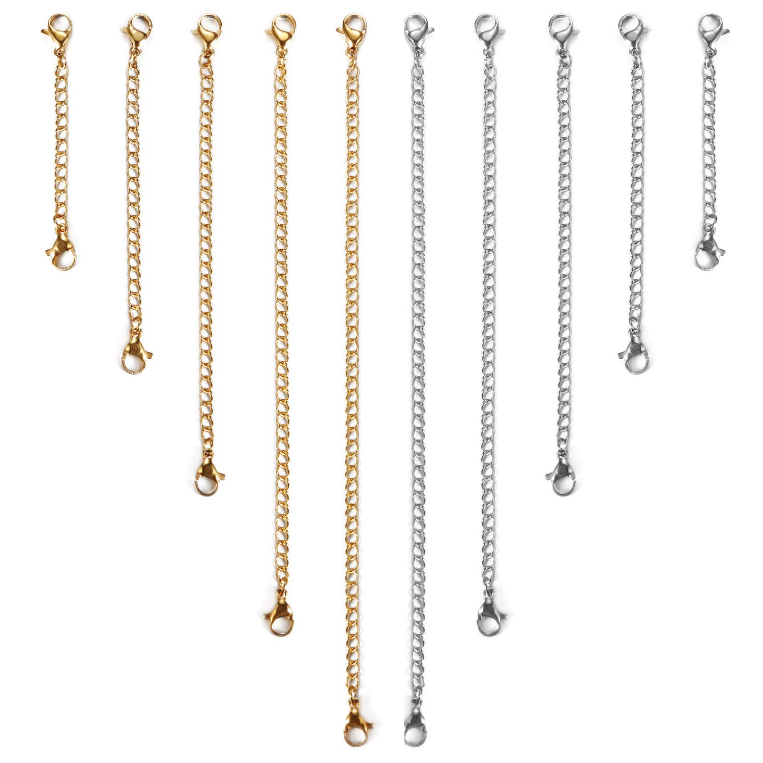 Cupimatch 10pcs Stainless Steel Extender Chain for Adjustable Necklace Bracelet, Lobster Clasps Extension Link Set, Silver Gold 2" 3" 4" 5" 6"