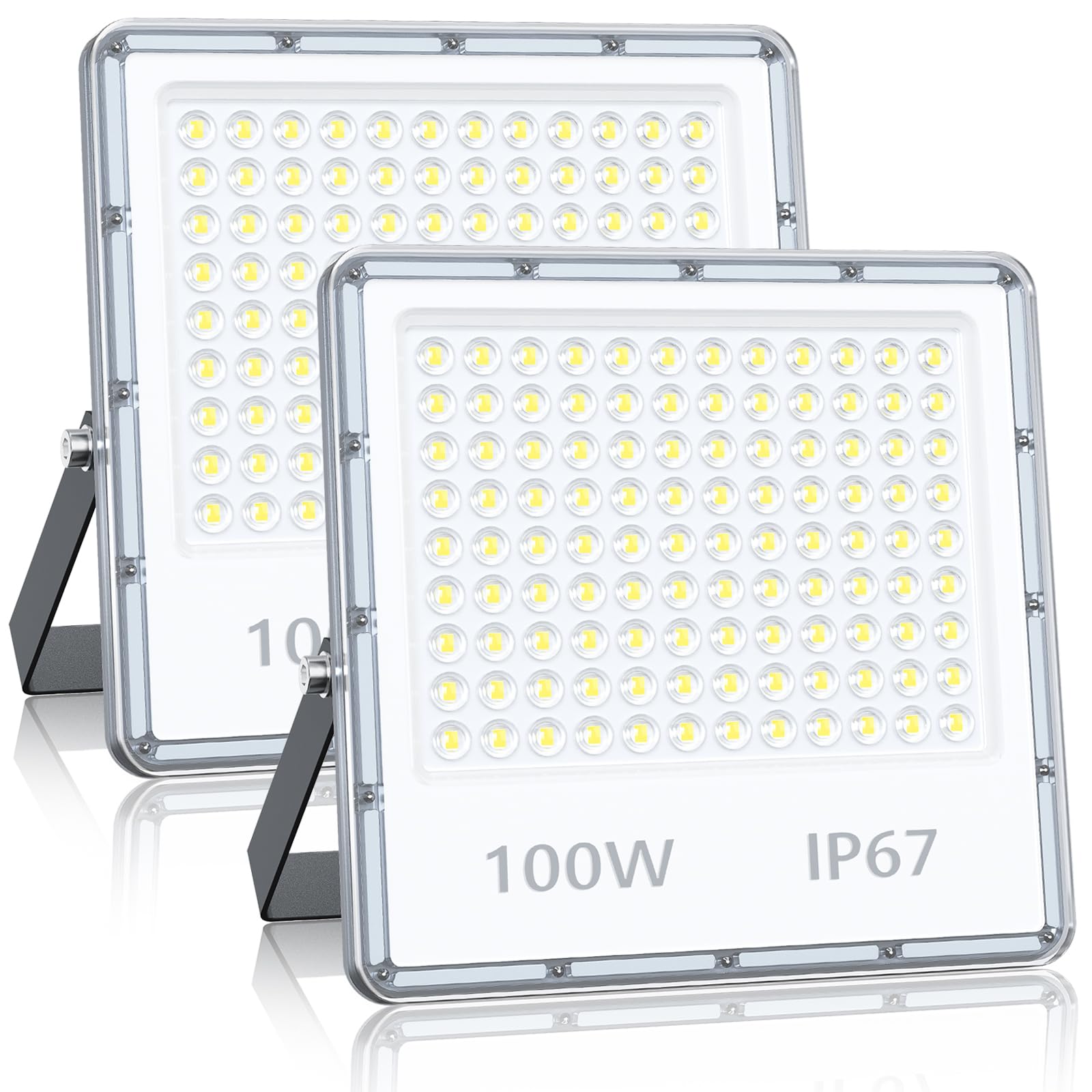 YIQIBRO LED Floodlights 100W 2 Pack - 10000LM 6500K Flood Lights Outdoor Cold White, IP67 Waterproof Mains Powered Security Lighting for Garden, Garage, Patio, Yard