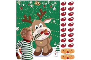 FINGOOO Pin The Nose on The Reindeer,Large Christmas Reindeer Poster Games for Kids Christmas Party Games