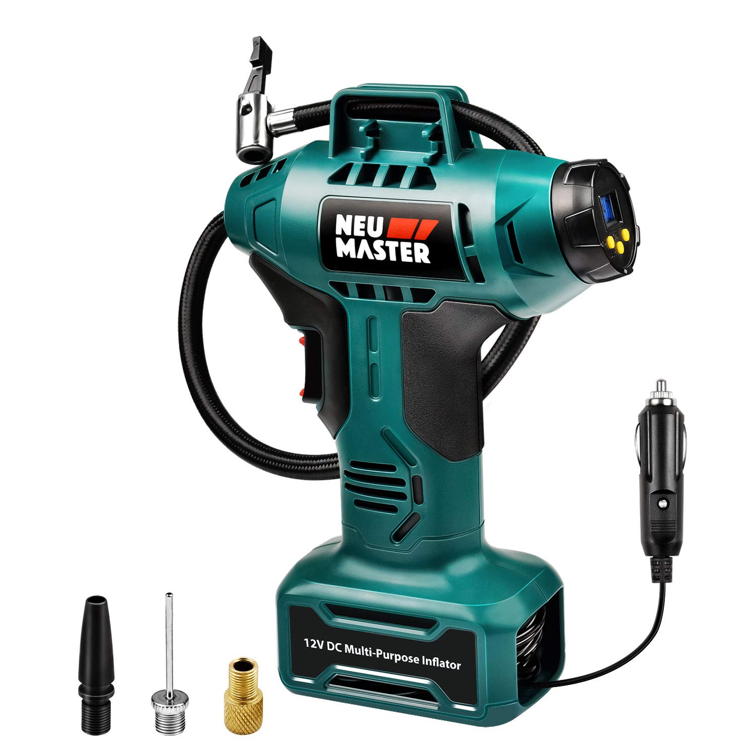 Tire inflator, Portable Air Compressor NEU MASTER 160 PSI, 12V, Air Pump with Digital Pressure Gauge, LED Lighting, 3 Types Nozzles, Handheld Pump by Cigarette Lighter Power Source