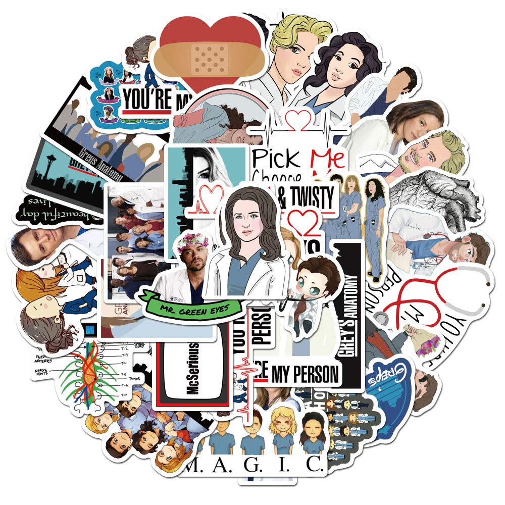 Grey's Anatomy 50 Pcs Stickers Pack, Water Bottles Laptop Hydroflasks Phone Guitar Skateboard Computer Office Funny Cartoon TV DIY Vinyl Stickers, Waterproof Aesthetic Decals for Adult