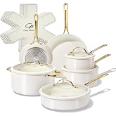 Chef Power Ceramic Cookware Sets, 15Pcs Pots and Pans Set Non Stick | Stainless Steel Handle, PFOA &amp; PFAS-Free, Dishwasher &amp; Oven Safe, Compatible with All Stovetops, Cream White and Light Gold