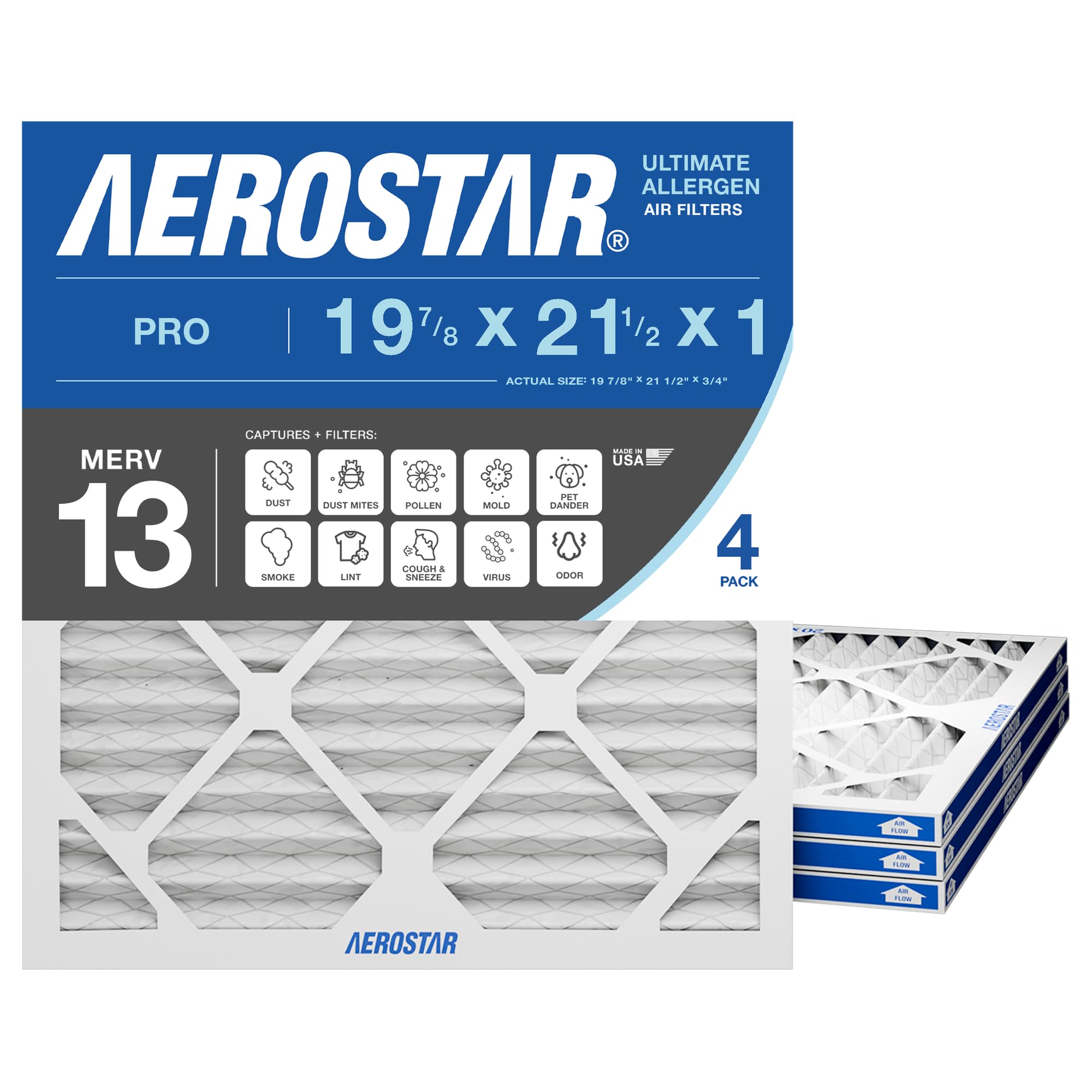 Aerostar 19 7/8x21 1/2x1 MERV 13 Pleated Air Filter, AC Furnace Air Filter, 4 Pack (Actual Size: 19 7/8" x 21 1/2" x 3/4") Image