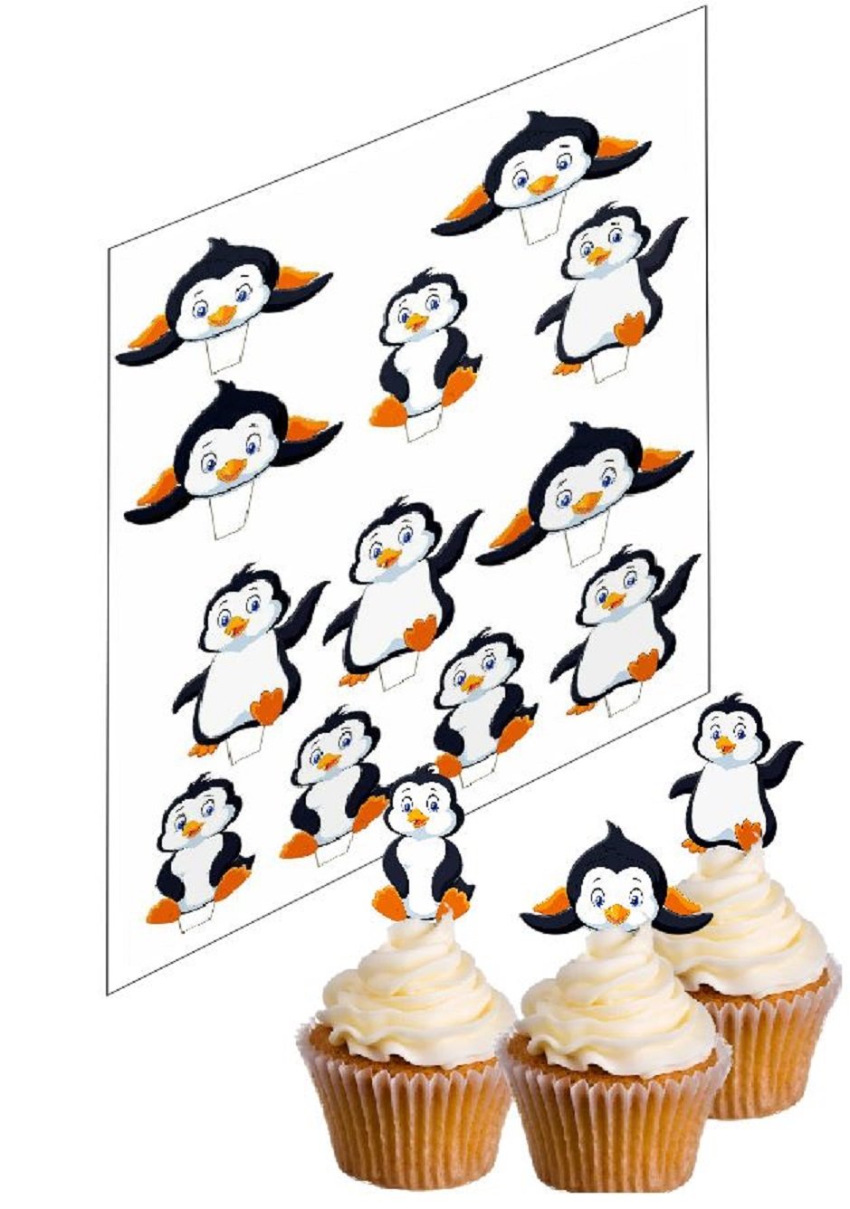 12 Penguin Cupcake Picks Stand Up Ricepaper Cake Decorations