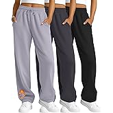 Velvelhall 3 Pack Women's Fleece Sweatpants Thermal Wide Leg Straight Drawstring Pants Warm Open Bottoms with Pockets