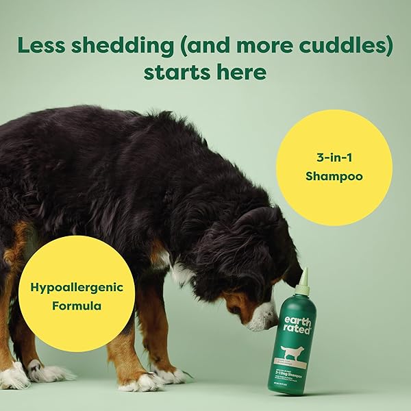 EARTH RATED 3-IN-1 DESHEDDING DOG SHAMPOO AND CONDITIONER, DEODORIZING OATMEAL SHAMPOOS FOR DOGS AND PUPPIES, GREAT FOR SMELLY PETS, WHITE TEA AND BASIL SCENT, 16 OZ