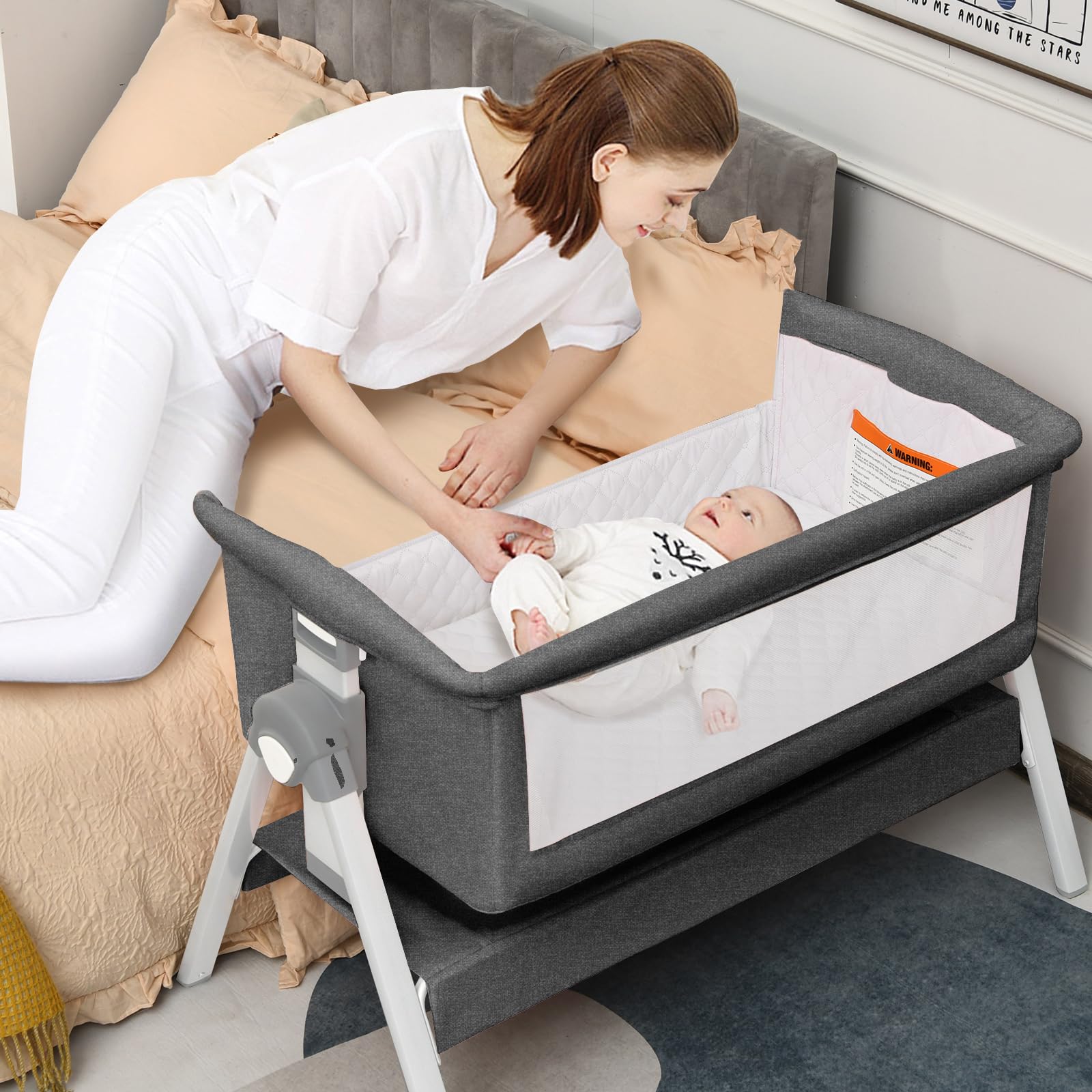 INFANS Baby Bassinet Bedside Crib, Newborn Sleeper w/Large Storage Basket, Adjustable Heights, Detachable &Washable Mattress, Breathable Mesh, Straps, Easy Moving Bed Side (Misty Grey) Image
